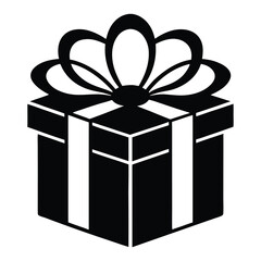 Black silhouette displays gift box with ribbon wrapping and a decorative bow on top