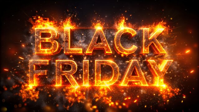 Fiery black friday text with glowing embers and sparks against a dark background symbolizing intense sales and discounts - Powered by Adobe