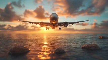 Airplane flying over the ocean during a vibrant and colorful sunset hour