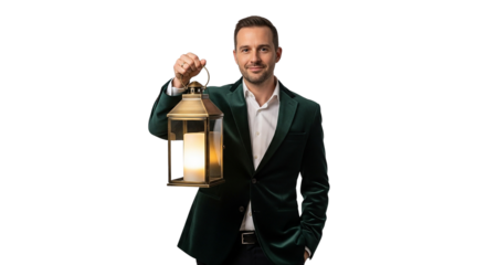 A handsome young businessman in a suit, smiling and standing while holding a briefcase and a credit card, embodies professional success