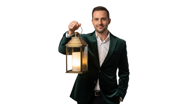 A handsome young businessman in a suit, smiling and standing while holding a briefcase and a credit card, embodies professional success