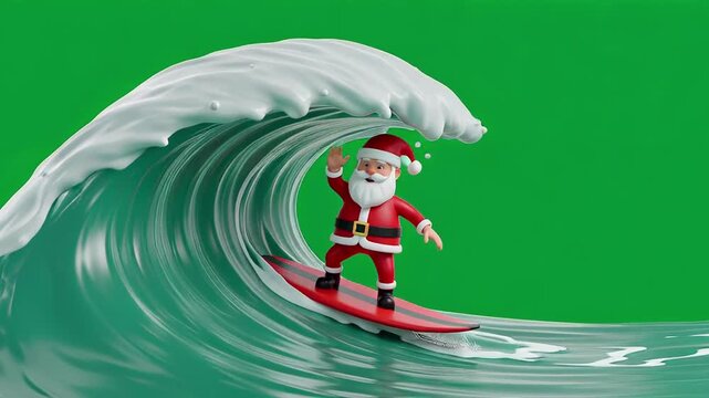 Animated santa claus surfing a large ocean wave with green screen background