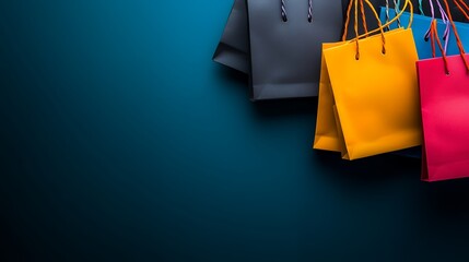 A row of colorful shopping bags against a blue background, providing ample copy space for text or branding