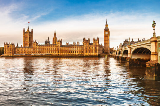 London cityscape with Houses of Parliament Elizabeth Tower and Westminster Bridge over River Thames