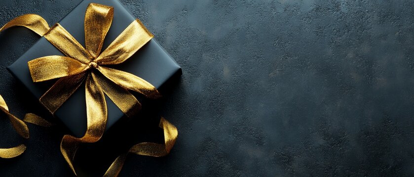 A luxurious gift box wrapped with a gold ribbon on a textured dark surface, offering copy space for messages or branding