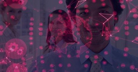 Digital globe sparking team emerging as technology icons pulsing, nodes forming map showing network - Powered by Adobe