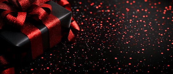 A black gift box wrapped with a sparkling red ribbon on a glittery background, perfect for festive occasions