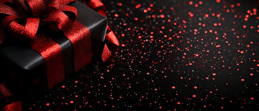 A black gift box wrapped with a sparkling red ribbon on a glittery background, perfect for festive occasions