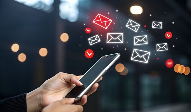 Person using smartphone sending emails with digital envelopes flying out