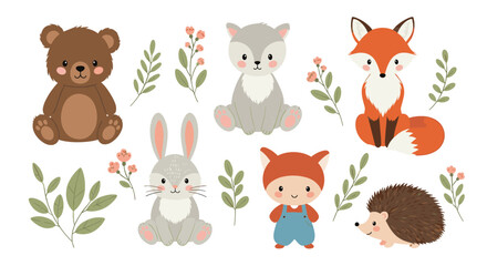 Fototapeta premium Cute woodland forest animals and child character with botanical elements, perfect for baby shower invitations or nursery decor.