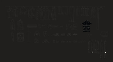 Stylized fashion wardrobe and clothing collection silhouette on black background with accessories