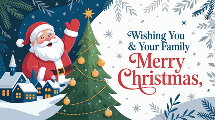 Festive Christmas illustration with waving Santa, snowy village, decorated tree, and greeting text—ideal for holiday cards and campaigns t
