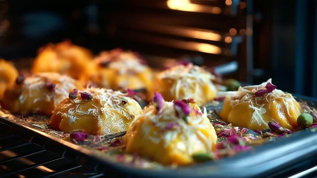 A creative modak baking scene with a fusion twist modaks infused with mango and cardamom baked in a modern oven chef decorating with edible flowers fusion modaks mango
