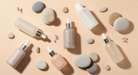 Cosmetic bottles and stones arranged on beige surface, showcasing natural skincare products with minimalist aesthetic, promoting wellness and selfcare.