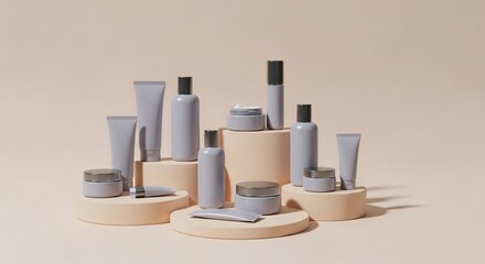 Assorted gray cosmetic products displayed on beige pedestals against a neutral backdrop showcasing minimalist beauty and skincare presentation.