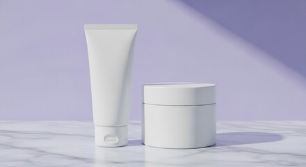 White cosmetic tube and jar sit elegantly on marble surface against a lavender backdrop, showcasing minimalist beauty and skincare products in a clean, modern aesthetic.