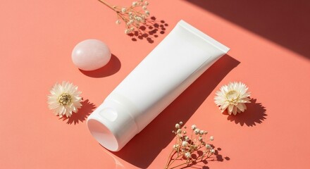 White cosmetic tube resting on coral surface surrounded by dried flowers and rose quartz, creating a minimalist and soothing beauty product presentation.