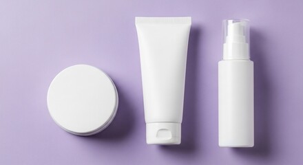 Cosmetic products arranged neatly on a lavender surface, showcasing minimalist packaging and clean beauty concept, creating a serene and calming atmosphere.