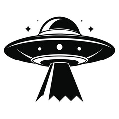 UFO shines with a bright beam and floating near two stars in the night