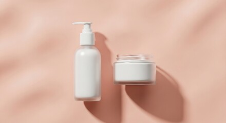 White cosmetic bottles sit on a peach surface with soft shadows creating a calming and minimalist beauty product presentation.