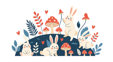 Whimsical illustration of adorable bunnies playing among red and white polka-dotted mushrooms and leafy plants on a dark blue hill.