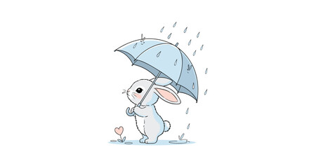 A sweet little white bunny stands under a light blue umbrella while gentle raindrops fall, with a small pink heart flower nearby.