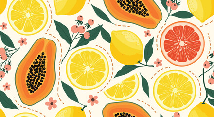 Vibrant seamless pattern of tropical and citrus fruits: sliced lemons, papayas, and grapefruits, with green leaves and pink berries on a light background.