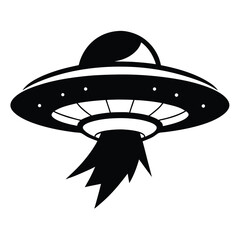 Black silhouette of classic flying saucer hovering with a beam below on a white background