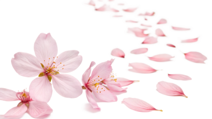 Flying beautiful pink petals of sakura flower fall cut out on PNG, isolated on white background. AI GENERATED.