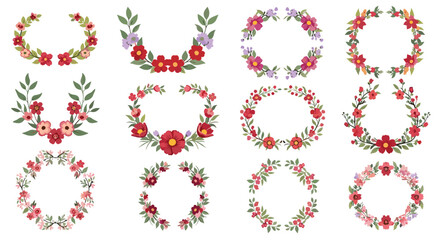 Twelve unique vector floral wreaths and frames featuring red and pink blooms with green foliage on a white background.