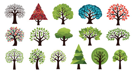A collection of diverse stylized tree illustrations showcasing various forms, foliage, and seasonal designs against a white background.