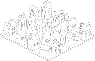 Fototapeta premium Isometric Christmas Town Outline Vector: Festive Winter Village Scene Line Art for Coloring and Design