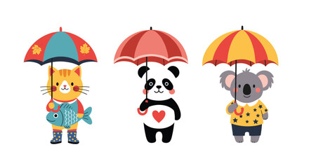 Three adorable cartoon animals, a cat, panda, and koala, hold their colorful umbrellas and unique items on a white background.