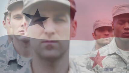 Military unit standing on field, flag overlay shifting demonstrating AR technology tint transition - Powered by Adobe