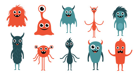 A vibrant set of adorable cartoon monster characters with unique designs and cheerful expressions, ideal for kids' projects.