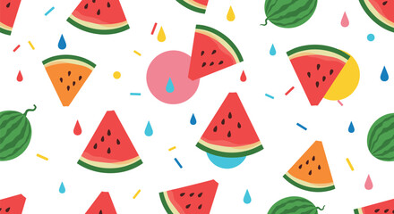 Colorful and fresh seamless pattern with juicy watermelon slices, whole watermelons, and whimsical raindrops, embodying a delightful summer vibe.