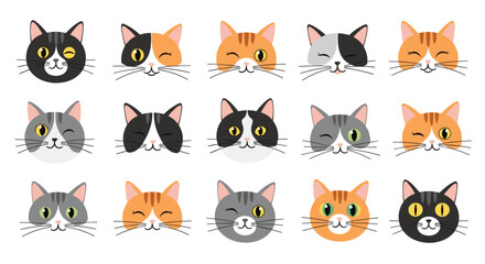 A vibrant compilation of adorable cartoon cat faces displaying a range of expressions and fur patterns, suitable for pet lovers.