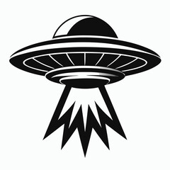 Black and white drawing shows a classic flying saucer emitting radiant beams downwards
