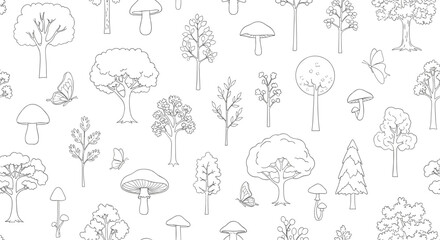 Seamless pattern of dotted outline trees, mushrooms, and butterflies, depicting a whimsical forest scene in a hand-drawn coloring book style.