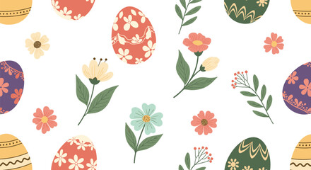 Pastel Easter eggs and delicate spring flowers create a charming seamless pattern on a clean white background for festive designs.