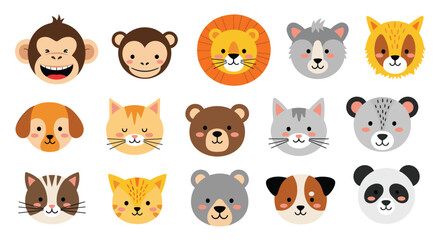 A diverse collection of cute cartoon animal faces and heads, featuring various species like monkeys, cats, dogs, bears, and pandas, on a white background.