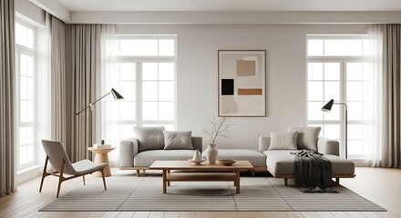 Fototapeta premium Elegant Living Room Interior with Modern Furniture and Natural Light Design