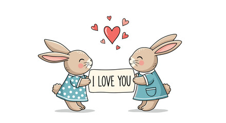 Two adorable cartoon bunnies in dresses hold an 'I LOVE YOU' sign, surrounded by floating hearts, celebrating love and affection.