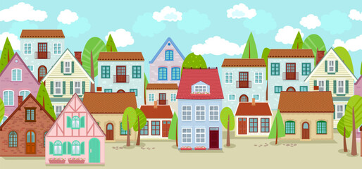 seamless border with colorful cozy houses and trees. panoramic cloudy cityscape