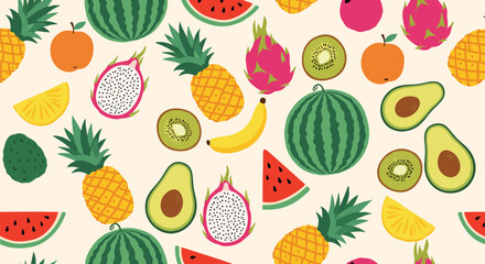 A delightful and colorful seamless pattern filled with a variety of healthy fruits like watermelon, pineapple, kiwi, and avocado, on a light background.