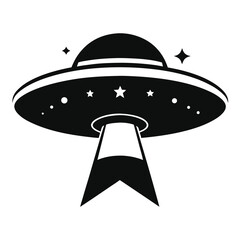 Black monochrome spaceship hovers with its bright beam and stars isolated on white