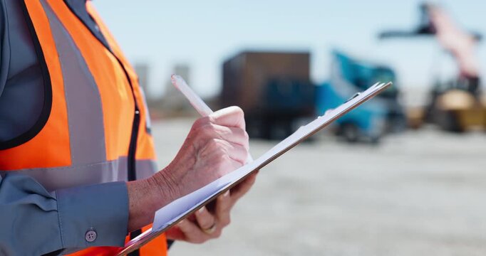 Clipboard, construction site and hands of person for inspection, checklist and planning. Writing notes, outdoor and worker with paperwork for building project, compliance survey and quality assurance