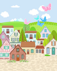 rural town with colorful cozy houses and trees. cloudy cityscape with green fields
