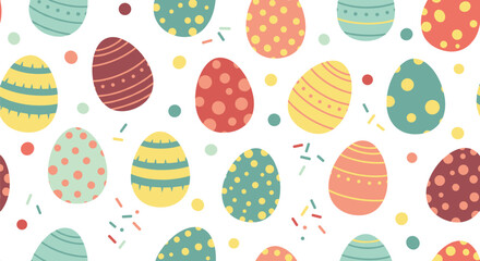 Seamless pattern of brightly colored Easter eggs with various designs and sprinkles, perfect for holiday backgrounds and spring celebrations.