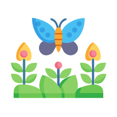 A flat design illustration of butterfly and flowers isolated on black background
